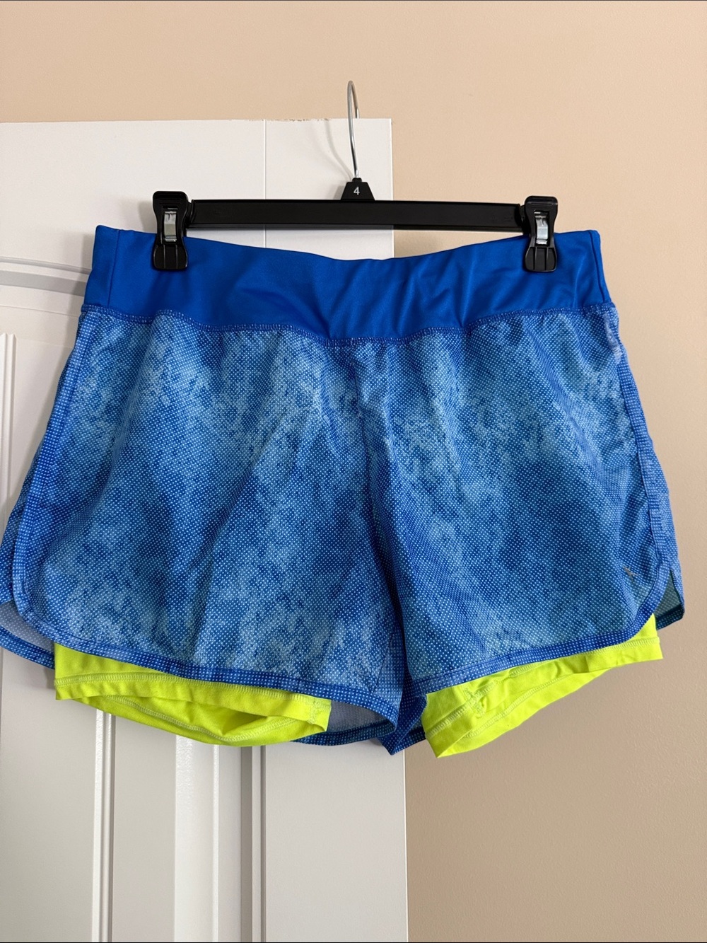 Danskin Women's Blue Athletic Layered Shorts with Neon Yellow Liner